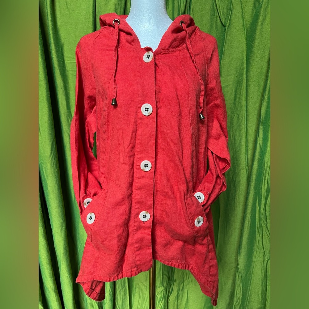 For Cynthia Fiery Red/Orange Linen Top with Hood